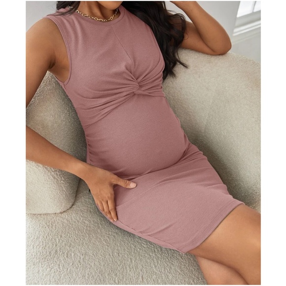 Maternity Ruched Sleeveless Ribbed Fitted Dress - Picture 6 of 7